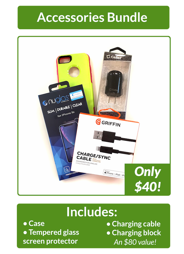 Accessories Bundle only $40, includes case, tempered glass screen protector, charging cable, and charging block